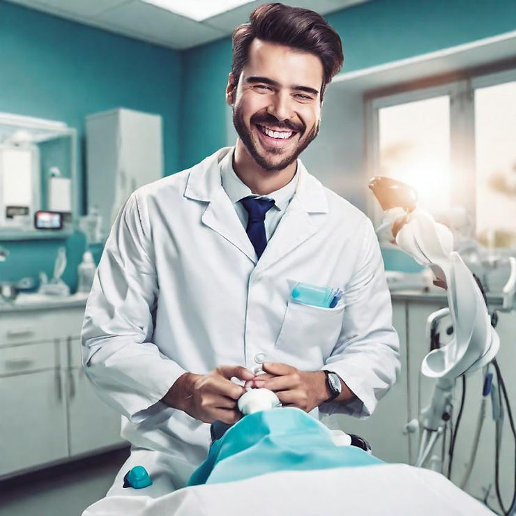 Dentista sorrindo em seu consultório